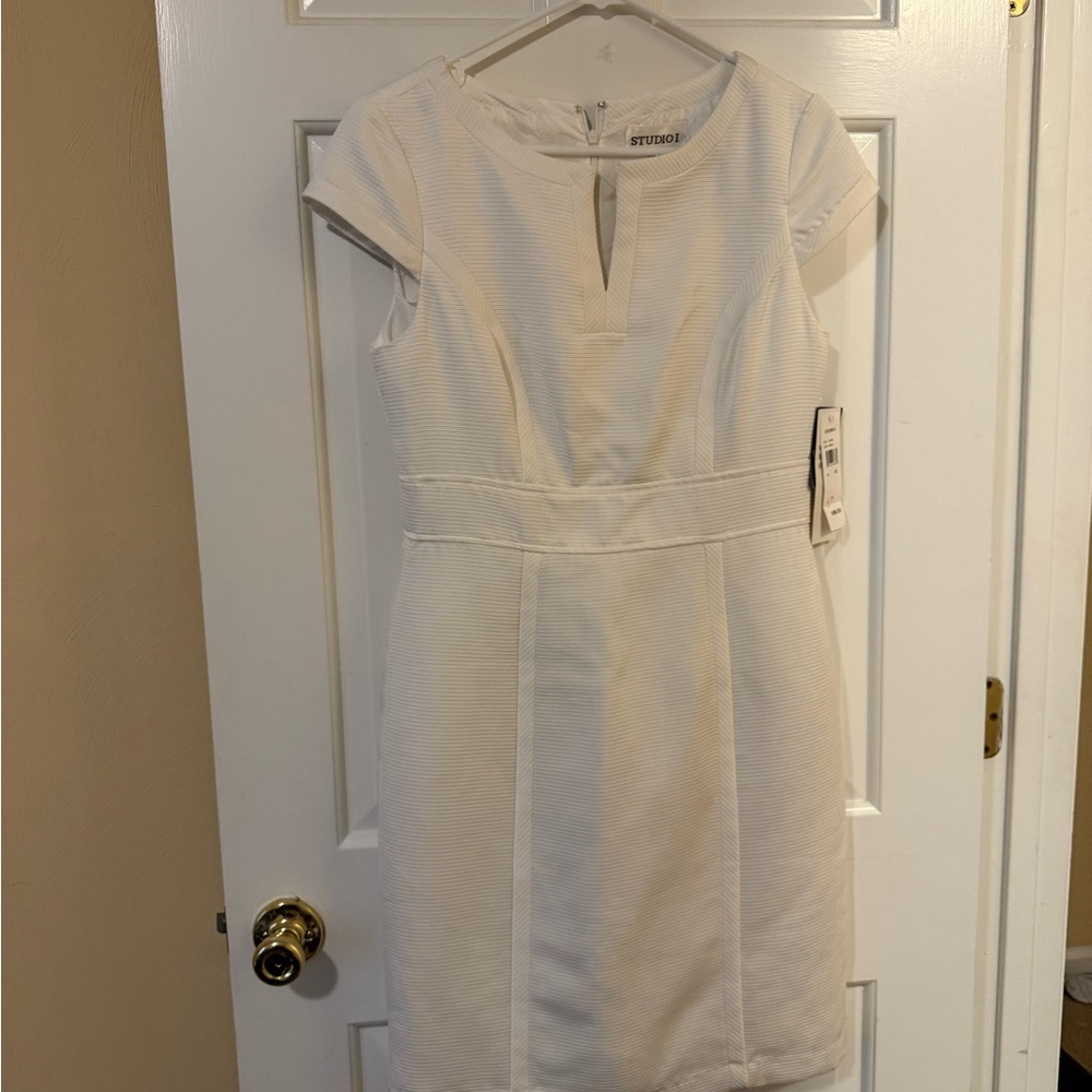 Studio I White Cap-Sleeve Sheath Midi Dress